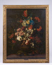 Jan Baptist Bosschaert (1667-1746, attribu&eacute; &agrave;): Fleurs dans un vase sur un socle, huile sur toile, 18&egrave;me si&egrave;cle