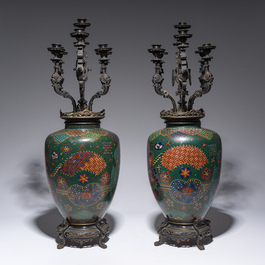 A pair of Japanese cloisonn&eacute; vases with French partly gilt bronze chinoiserie candelabra mounts, 19th C.