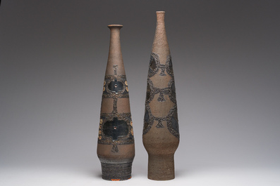 Two partly polychrome glazed terracotta tapered vases, Perignem, second half of the 20th C.