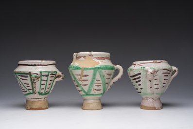 Three polychrome Spanish pottery mortars, Teruel, 17th/18th C.