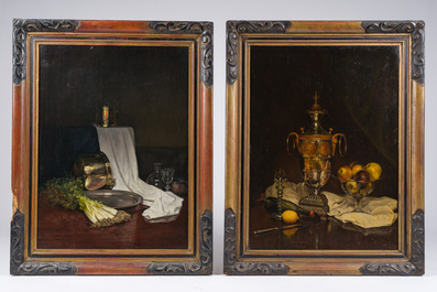 Edouard Van Speybrouck (1845-1928): Quatre natures mortes avec verres et vaisselle, huile sur panneau, dat&eacute; 1913-1917