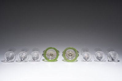 Six Dutch twisted stem glasses and a pair of vases with engraved design, 18th/19th C.