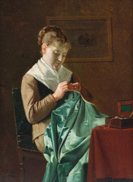 Louis Lampe (1840-?): La couturi&egrave;re &amp; la tricoteuse, huile sur panneau