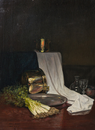 Edouard Van Speybrouck (1845-1928): Quatre natures mortes avec verres et vaisselle, huile sur panneau, dat&eacute; 1913-1917