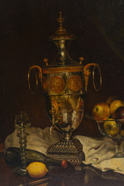 Edouard Van Speybrouck (1845-1928): Quatre natures mortes avec verres et vaisselle, huile sur panneau, dat&eacute; 1913-1917