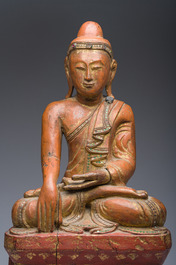 Een ingelegde deels verguld houten figuur van de zittende Boeddha, Birma, 19de eeuw