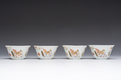 Four Chinese cups and saucer with polychrome and gilt design, Qianlong