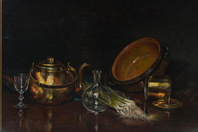 Edouard Van Speybrouck (1845-1928): Quatre natures mortes avec verres et vaisselle, huile sur panneau, dat&eacute; 1913-1917