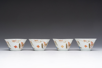 Four Chinese cups and saucer with polychrome and gilt design, Qianlong