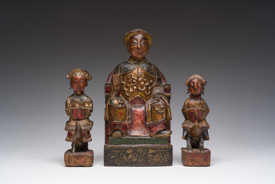 A Chinese gilt-lacquered wooden home altar with figures, 19th C.