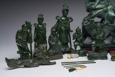 Sixteen Chinese green jade and hardstone sculptures, 20th C.