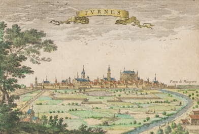 Three hand coloured engraved maps of Ieper, Roeselare, Lichtervelde and a view of Veurne, 16th/17th C.