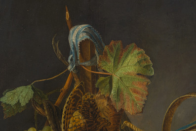 Ad&egrave;le Evrard (1792-1889): Nature morte de chausse aux raisins et volaille, huile sur panneau, dat&eacute; 1820