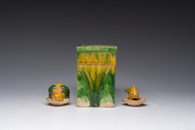 A Chinese sancai glazed miniature offering table with a fish and a pig's head, probably Ming