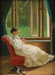 Louis Lampe (1840-?): La couturi&egrave;re &amp; la tricoteuse, huile sur panneau