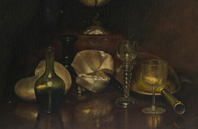 Edouard Van Speybrouck (1845-1928): Quatre natures mortes avec verres et vaisselle, huile sur panneau, dat&eacute; 1913-1917
