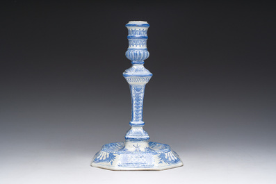 A blue and white Delft style candlestick, France or Germany, 18th C.