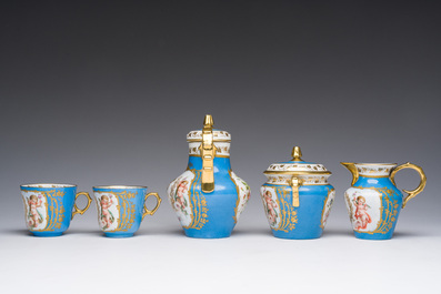 A French blue ground S&egrave;vres style t&ecirc;te-&agrave;-t&ecirc;te two-persons tea service, 19th C.