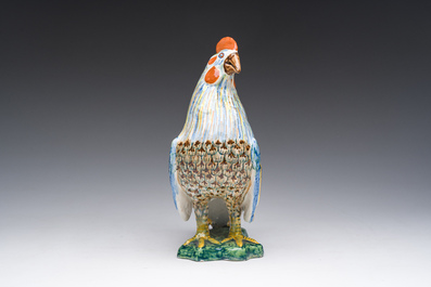 A polychrome Delftware model of a rooster, probably Desvres, France, 19th C.