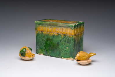 A Chinese sancai glazed miniature offering table with a fish and a pig's head, probably Ming
