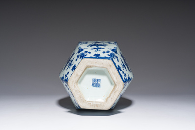 A Chinese blue and white hexagonal 'sanduo' vase, Qianlong mark and of the period