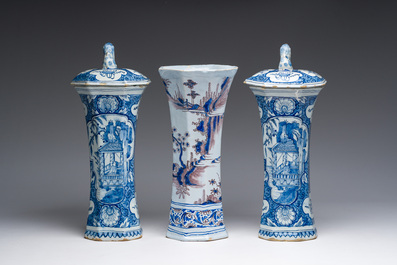 A pair of blue and white Dutch Delft covered vases and a blue, manganese and white chinoiserie vase, Nevers, 18th C.