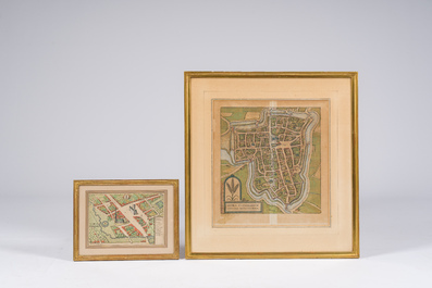 Three hand coloured engraved maps of Ieper, Roeselare, Lichtervelde and a view of Veurne, 16th/17th C.