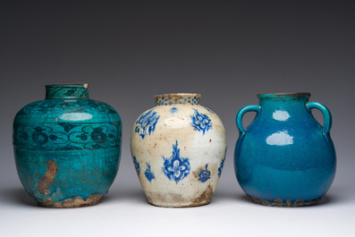 Three blue, white and turquoise Persian Qajar jars, 19th C.