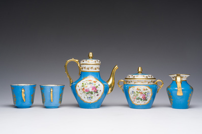 A French blue ground S&egrave;vres style t&ecirc;te-&agrave;-t&ecirc;te two-persons tea service, 19th C.