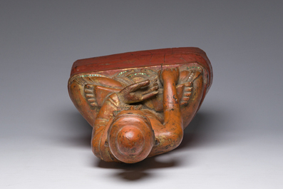 Een ingelegde deels verguld houten figuur van de zittende Boeddha, Birma, 19de eeuw