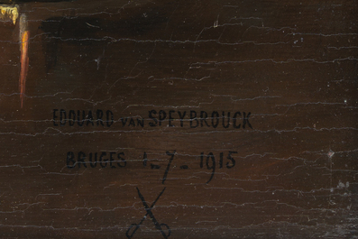 Edouard Van Speybrouck (1845-1928): Quatre natures mortes avec verres et vaisselle, huile sur panneau, dat&eacute; 1913-1917