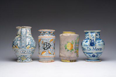 Four blue, white and polychrome Italian maiolica drug jars, 17th C. and later