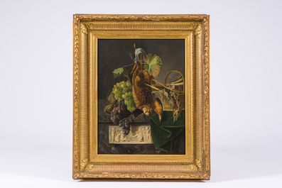 Ad&egrave;le Evrard (1792-1889): Nature morte de chausse aux raisins et volaille, huile sur panneau, dat&eacute; 1820