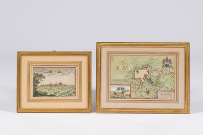 Three hand coloured engraved maps of Ieper, Roeselare, Lichtervelde and a view of Veurne, 16th/17th C.