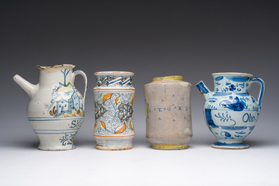 Four blue, white and polychrome Italian maiolica drug jars, 17th C. and later