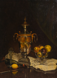 Edouard Van Speybrouck (1845-1928): Quatre natures mortes avec verres et vaisselle, huile sur panneau, dat&eacute; 1913-1917