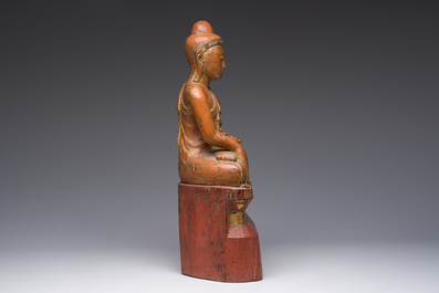 Een ingelegde deels verguld houten figuur van de zittende Boeddha, Birma, 19de eeuw