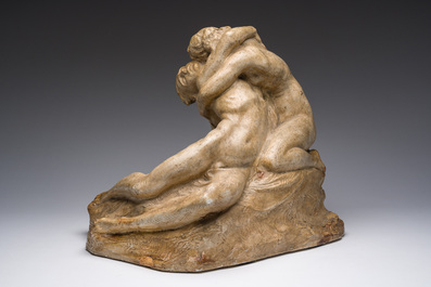 C&eacute;sar Schroevens (1884-1972): The embrace, patinated plaster, dated 1943