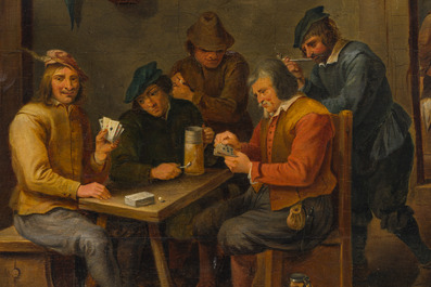 Flemish school, follower of David Teniers (1610-1690): Fun in the inn, oil on panel, 19th C.