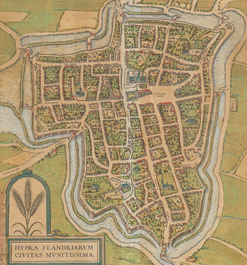 Three hand coloured engraved maps of Ieper, Roeselare, Lichtervelde and a view of Veurne, 16th/17th C.