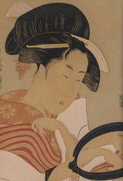 Kitagawa Utamaro (1753 - 1806, after): Two ukiyo-e woodblock prints in lacquered and gilt wooden frames