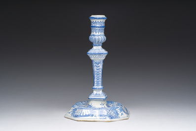 A blue and white Delft style candlestick, France or Germany, 18th C.