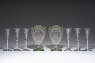 Six Dutch twisted stem glasses and a pair of vases with engraved design, 18th/19th C.