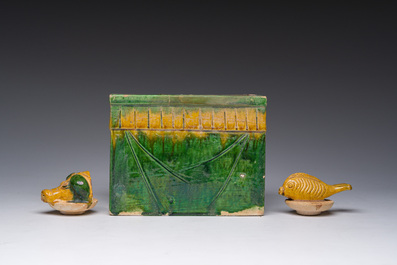 A Chinese sancai glazed miniature offering table with a fish and a pig's head, probably Ming