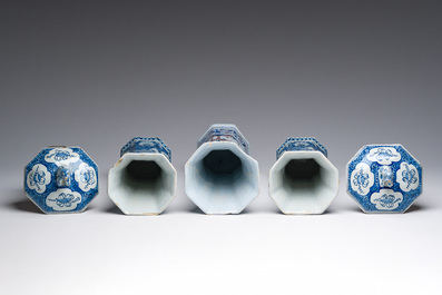 A pair of blue and white Dutch Delft covered vases and a blue, manganese and white chinoiserie vase, Nevers, 18th C.