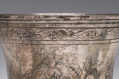 Ten Ottoman floral engraved silver cups with tughra and sah marks, mainly 19th C. (pre-1923)