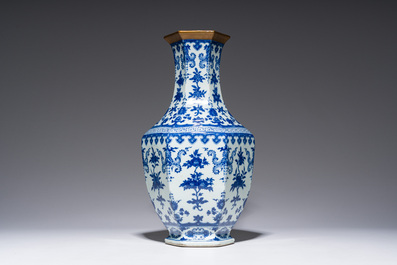 A Chinese blue and white hexagonal 'sanduo' vase, Qianlong mark and of the period
