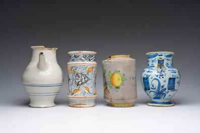 Four blue, white and polychrome Italian maiolica drug jars, 17th C. and later