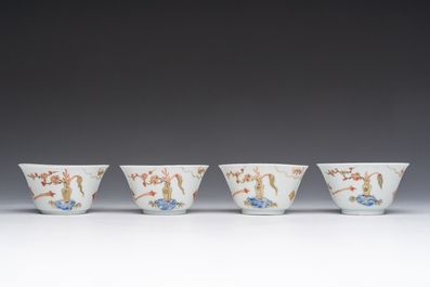 Four Chinese cups and saucer with polychrome and gilt design, Qianlong