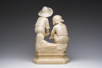 Italian school, attributed to Adolfo Cipriani (1857-1941): Two children warming themselves by the fire, alabaster, 20th C.